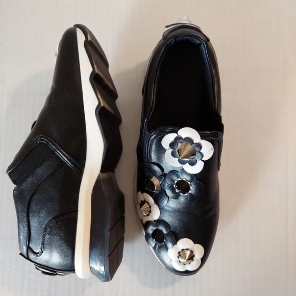 Black White Flower Embellished Slipon Sneakers - Picture 6 of 16